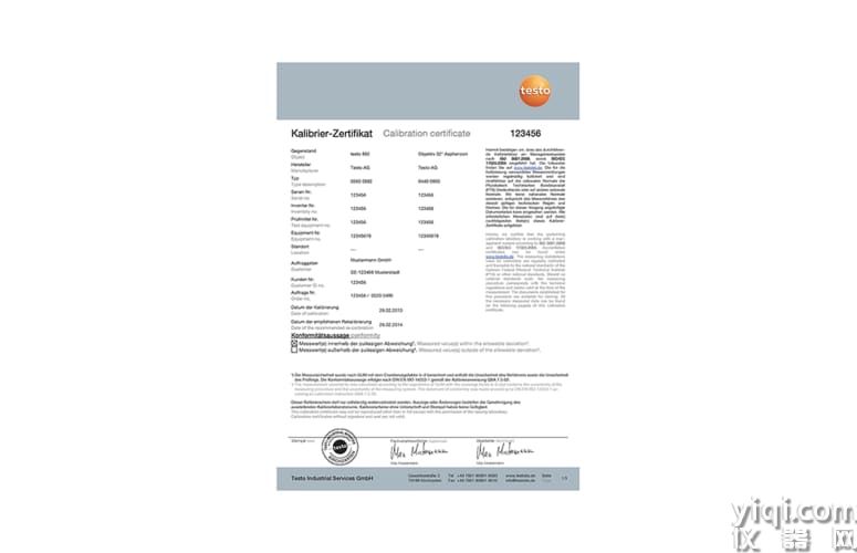 ISO calibration certificate